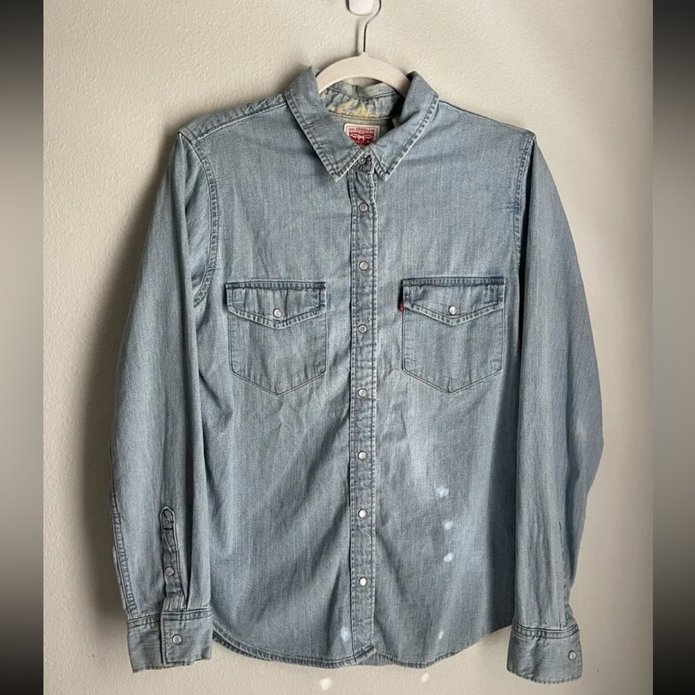 Levis Women Medium Denim Pearl Snap Shirt Blue Long Sleeve Button Western Casual